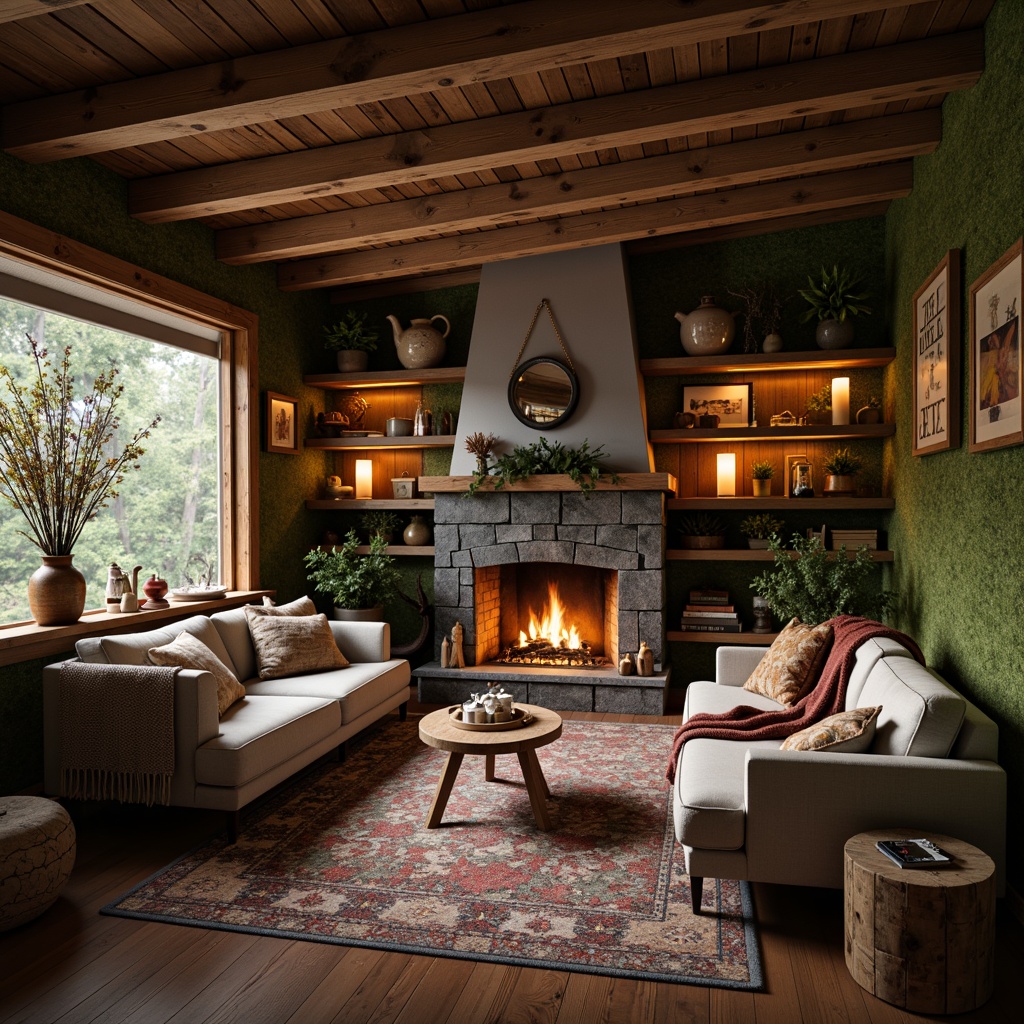 Prompt: Cozy cabin, wooden accents, natural textures, earthy tones, vintage decor, reclaimed wood furniture, stone fireplace, warm lighting, plush throw blankets, rustic metal fixtures, distressed finishes, organic shapes, nature-inspired patterns, moss-green walls, wooden beams, candles, lanterns, soft shadows, shallow depth of field, 2/3 composition, atmospheric perspective.