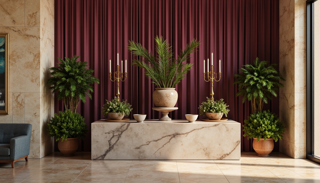 Prompt: Rich plum tone, warm beige accents, soft sage undertones, luxurious gold details, natural wood textures, earthy terracotta pots, lush green foliage, vibrant turquoise highlights, creamy white marble, ornate metal fixtures, elegant candelabras, ambient warm lighting, 1/2 composition, shallow depth of field, realistic reflections.