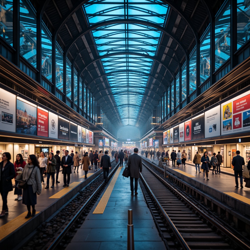 Prompt: \Busy metro station, modern architectural design, sleek steel beams, futuristic lighting systems, vibrant LED lights, dynamic color-changing effects, high-ceilinged platforms, bustling crowds, urban cityscape, morning rush hour, soft warm glow, realistic textures, ambient occlusion, shallow depth of field, 3/4 composition, panoramic view.\