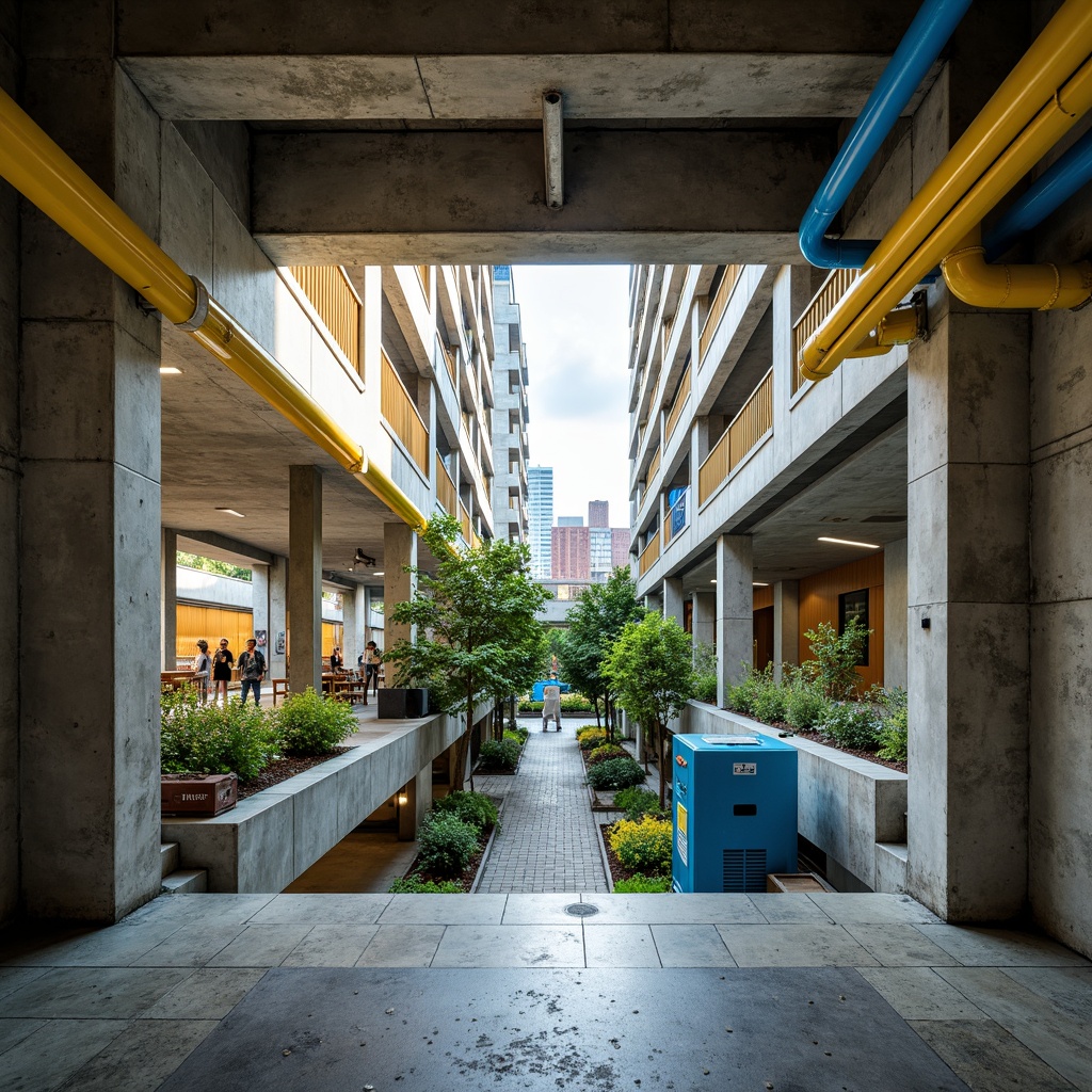 Prompt: Exposed concrete walls, industrial metal beams, raw brutalist architecture, bold color accents, bright yellow pipes, deep blue medical equipment, vibrant orange signage, greenery-filled courtyards, natural light pouring in, urban cityscape views, abstract geometric patterns, distressed textures, harsh shadows, dramatic lighting, 1/2 composition, low-angle shot, realistic materials, ambient occlusion.