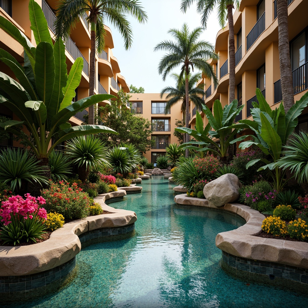 Prompt: Vibrant tropical plants, exotic flowers, lush greenery, colorful blooms, wavy leaf patterns, irregular planters, abstract water features, undulating pool edges, mosaic tile work, expressionist architecture, curved lines, playful lighting, warm ambiance, soft focus, shallow depth of field, 1/2 composition, artistic reflections, rippling water effects.