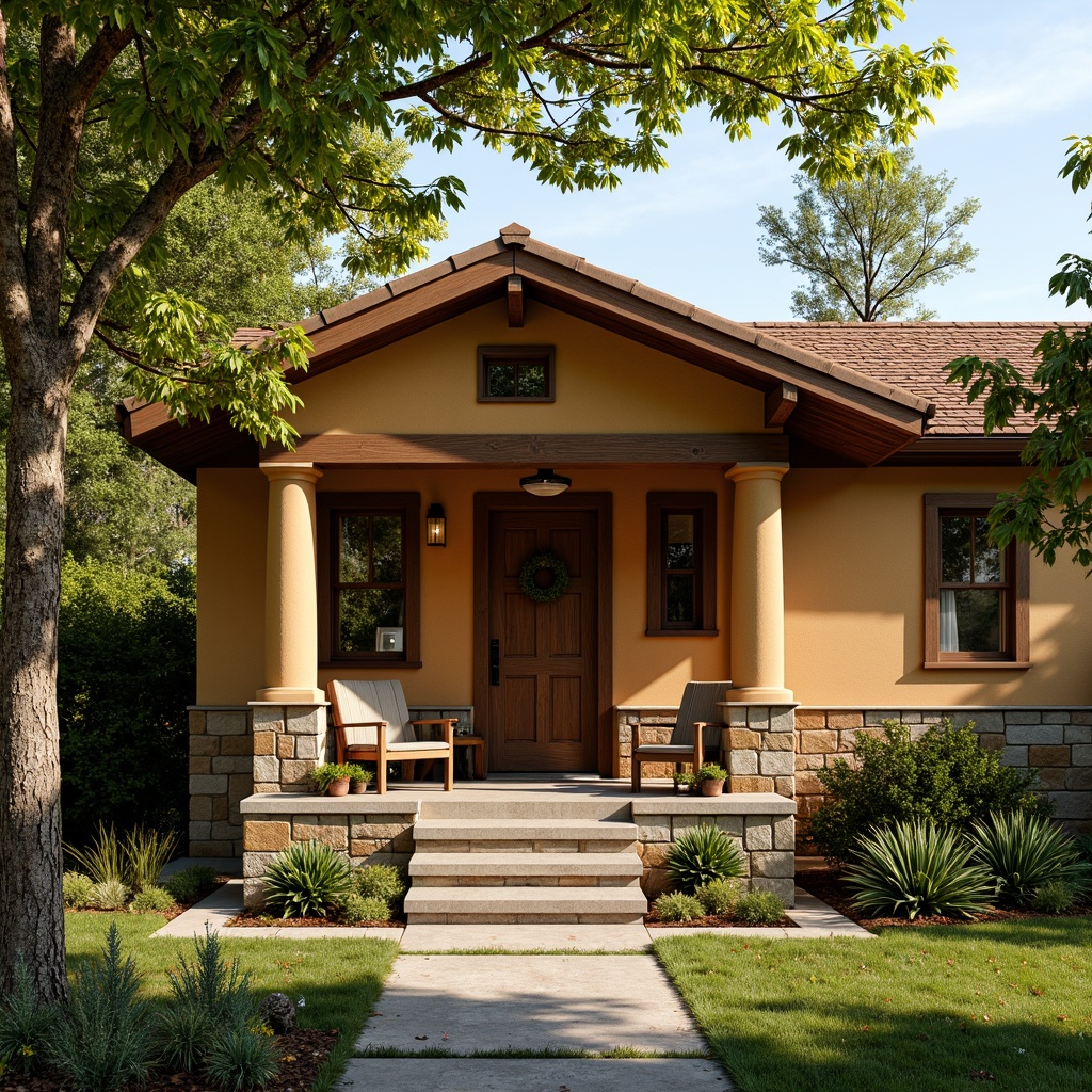 Prompt: Earthy craftsman-style cottage, warm wheat-colored exterior walls, blending with rustic warm tones, natural stone foundation, wooden accents, earthy brown roof tiles, lush greenery surroundings, overhanging tree branches, cozy porch, vintage outdoor furniture, soft afternoon sunlight, gentle shadows, 1/2 composition, shallow depth of field, warm atmospheric lighting.