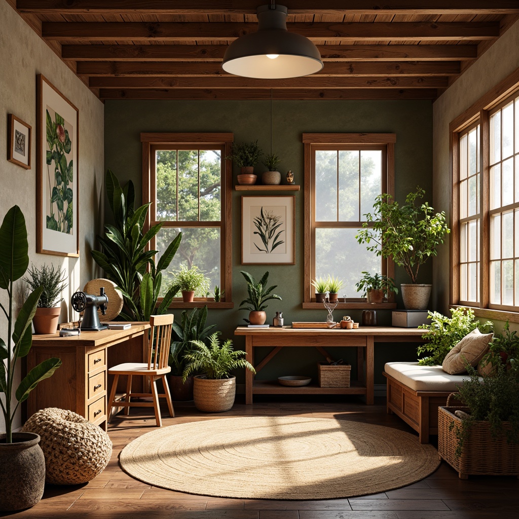 Prompt: Cozy craft room, reclaimed wood furniture, vintage sewing machines, woven baskets, potted plants, natural textiles, earthy color palette, warm sunlight, rustic wooden shelves, woven rugs, rattan storage bins, distressed finishes, organic shapes, botanical prints, nature-inspired artwork, soft ambient lighting, 1/1 composition, intimate atmosphere, realistic materials.