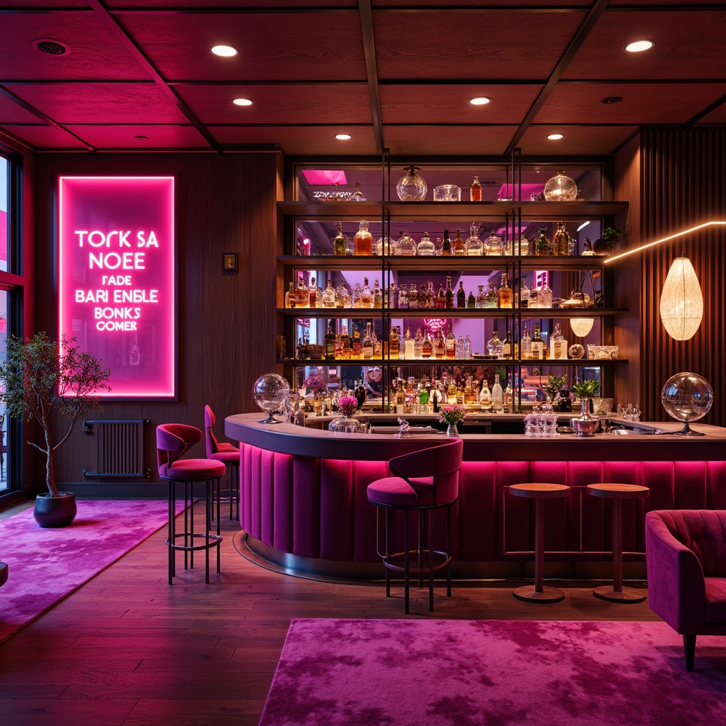 Prompt: Vibrant magenta home bar, rich wood accents, metallic sheen, bold color blocking, neon signage, eclectic decorative accessories, luxurious velvet upholstery, statement lighting fixtures, sleek glass shelves, contemporary minimalist architecture, warm ambient glow, shallow depth of field, 1/1 composition, realistic textures, ambient occlusion.