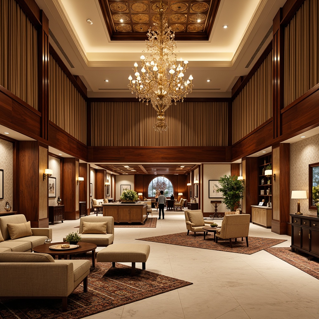 Prompt: Luxurious hotel lobby, ornate chandeliers, rich wood paneling, classic furnishings, velvet drapes, golden accents, intricate moldings, soft warm lighting, plush carpeting, natural stone flooring, marble countertops, decorative wallpaper, elegant archways, grand staircases, luxurious textiles, warm beige colors, subtle patterned rugs, 3/4 composition, shallow depth of field, realistic textures, ambient occlusion.