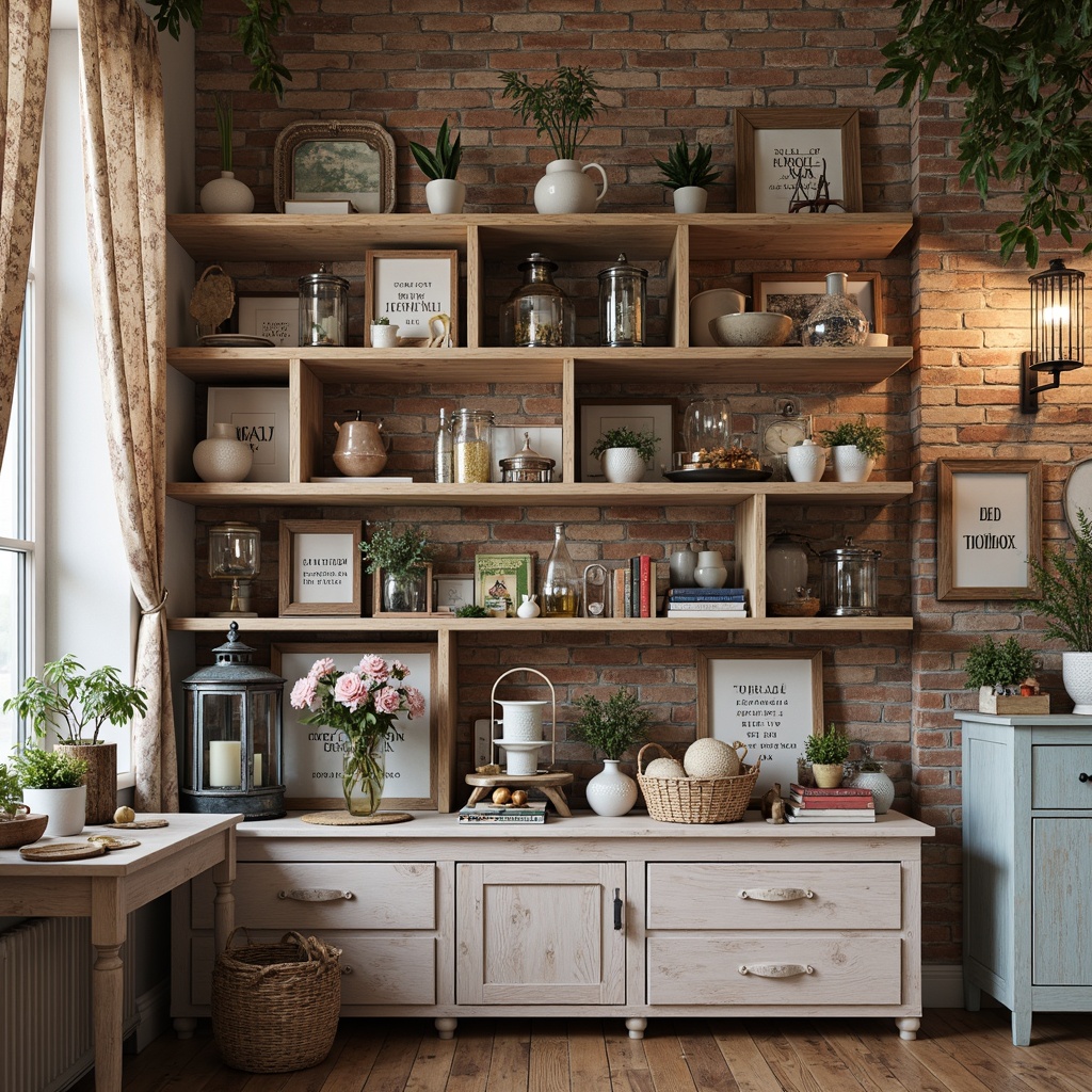 Prompt: Distressed wooden shelves, vintage metal lanterns, rustic brick walls, ornate mirrors, soft pastel colors, distressed finishes, elegant typography, antique furniture pieces, woven wicker baskets, lace curtains, floral patterns, soft warm lighting, shallow depth of field, 3/4 composition, realistic textures, ambient occlusion.