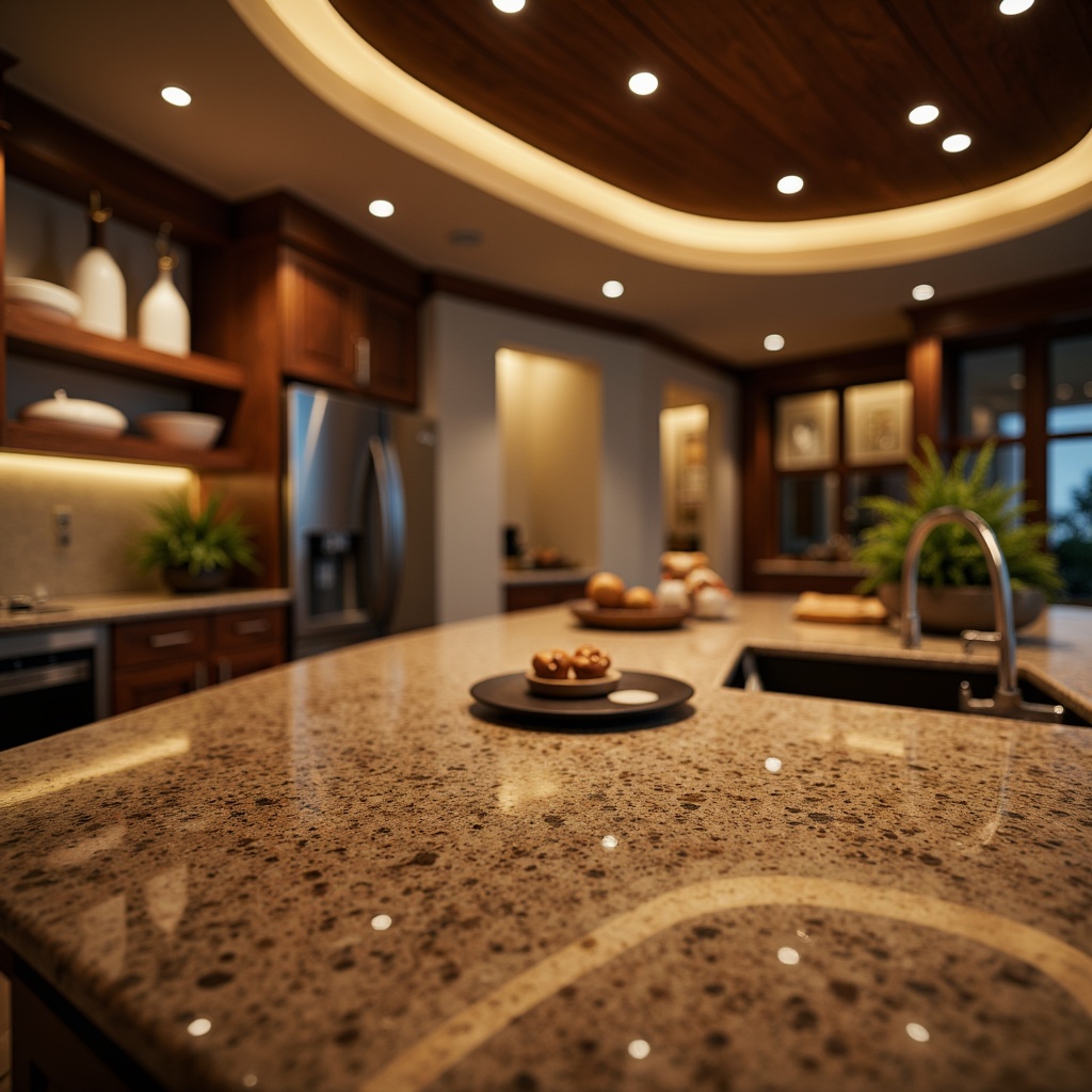 Prompt: Luxurious interior, polished granite countertops, rich earthy tones, high-gloss finish, elegant kitchen design, modern appliances, stainless steel fixtures, ambient warm lighting, soft focus blur, shallow depth of field, 1/1 composition, realistic textures, detailed stone patterns.