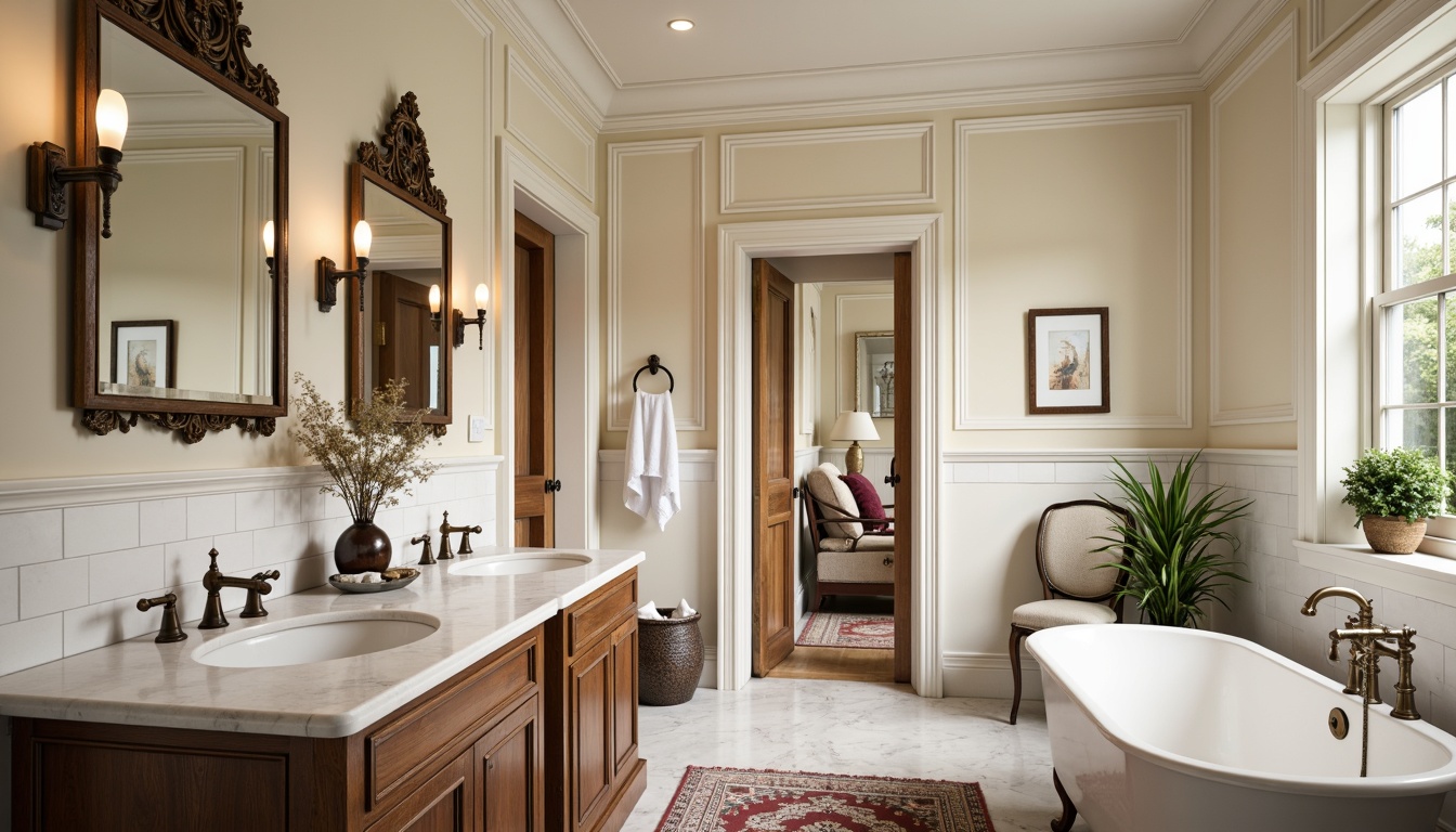 Prompt: Elegant bathroom, marble countertops, white subway tiles, ornate mirrors, polished chrome faucets, classic pedestal sink, tufted rug, wooden cabinetry, soft warm lighting, creamy wall color, decorative trim, antique bronze fixtures, freestanding tub, plush towels, greenery plants, natural stone flooring, traditional style, serene ambiance.