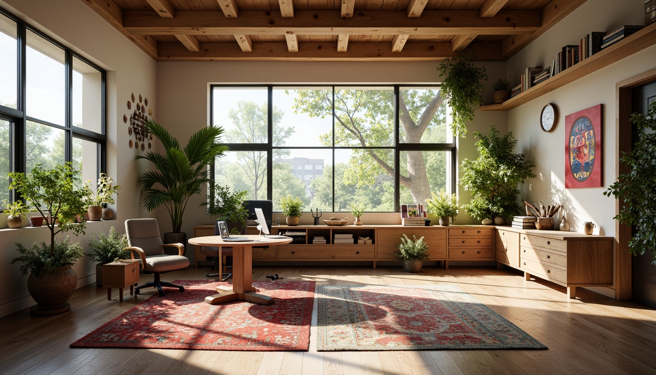 Prompt: Inspiring creative workspace, ergonomic desk, comfortable chair, natural wood accents, greenery, vibrant artwork, colorful rugs, plenty of storage, modern minimalist decor, large windows, abundant natural light, soft warm glow, shallow depth of field, 3/4 composition, panoramic view, realistic textures, ambient occlusion.