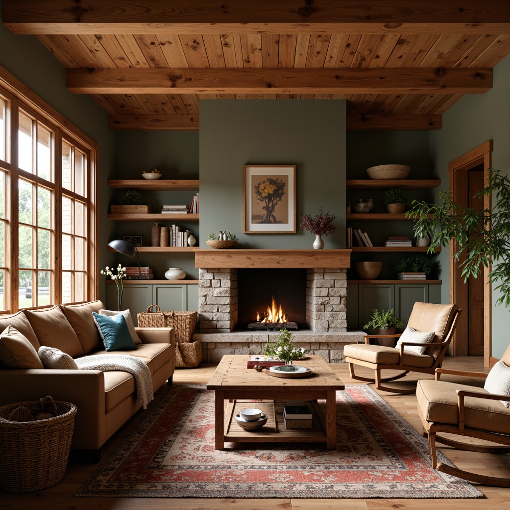 Prompt: Cozy craftsman living room, wooden accents, warm earth tones, plush throw blankets, vintage rug, rustic coffee table, leather armchair, wooden rocking chair, woven wicker baskets, natural stone fireplace, reclaimed wood shelving, soft warm lighting, 1/1 composition, intimate atmosphere, realistic textures, ambient occlusion.