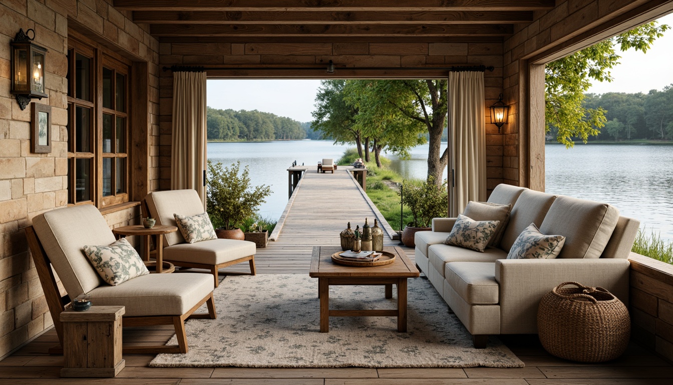 Prompt: Rustic boathouse, wooden dock, serene lake scenery, lush greenery, vintage nautical elements, distressed wood accents, soft warm lighting, plush throw blankets, natural fiber textiles, linen upholstery, velvet pillows, toile de Jouy fabrics, subtle stripes patterns, earthy tone color palette, woven baskets, antique furniture pieces, flower arrangements, soft pastel hues, cozy reading nooks, layered window treatments, rustic metal lanterns, distressed wood flooring, warm beige stone walls.