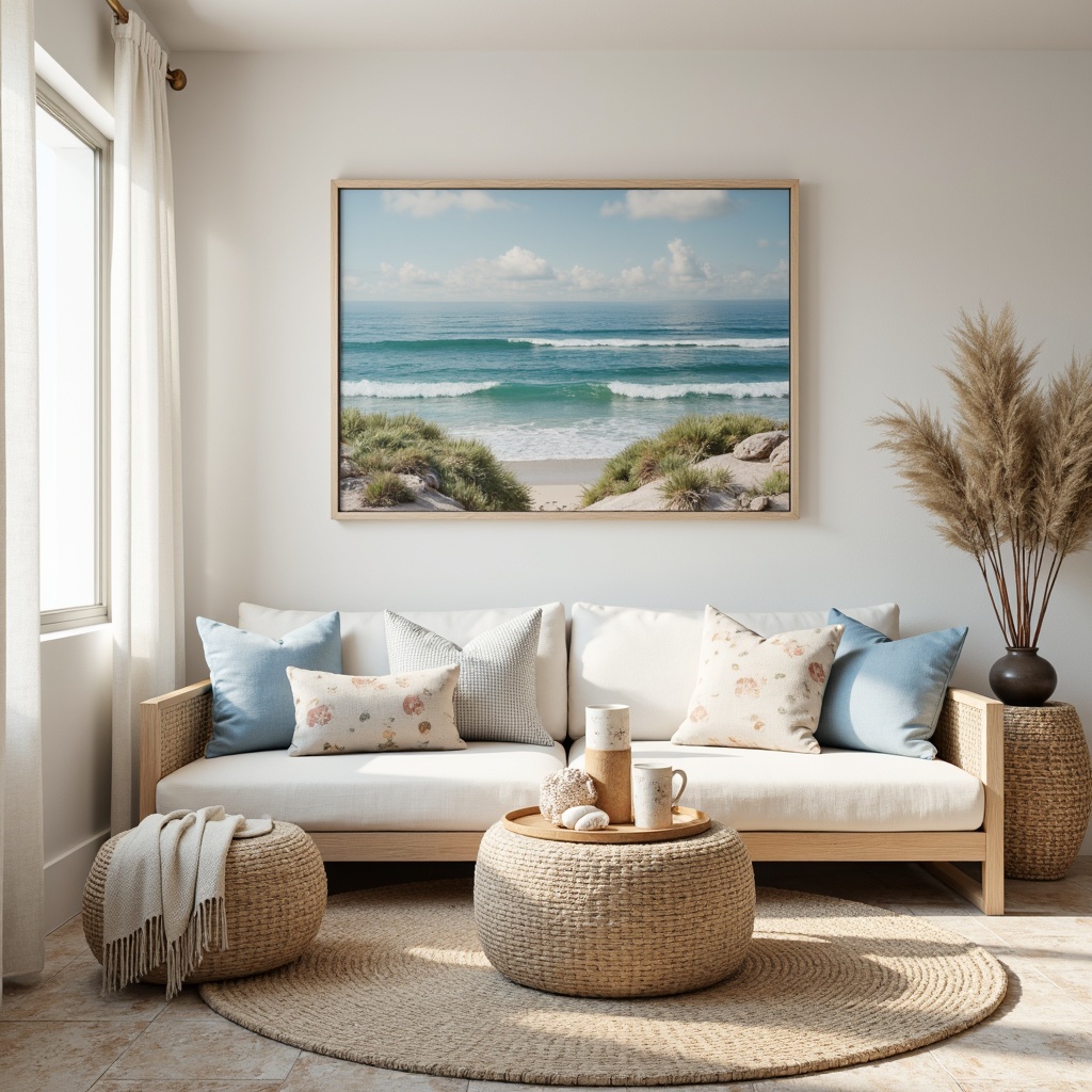 Prompt: Soft pastel hues, gentle ocean waves, seashell decorations, driftwood furniture, natural linen fabrics, white cotton curtains, billowy clouds, warm sunlight, beachy vibes, coastal-themed wall art, soothing blue accents, plush area rugs, woven sea grass baskets, coral-inspired patterns, creamy whites, pale blues, sandy neutrals, serene atmosphere, shallow depth of field, 1/2 composition, softbox lighting, realistic textures.