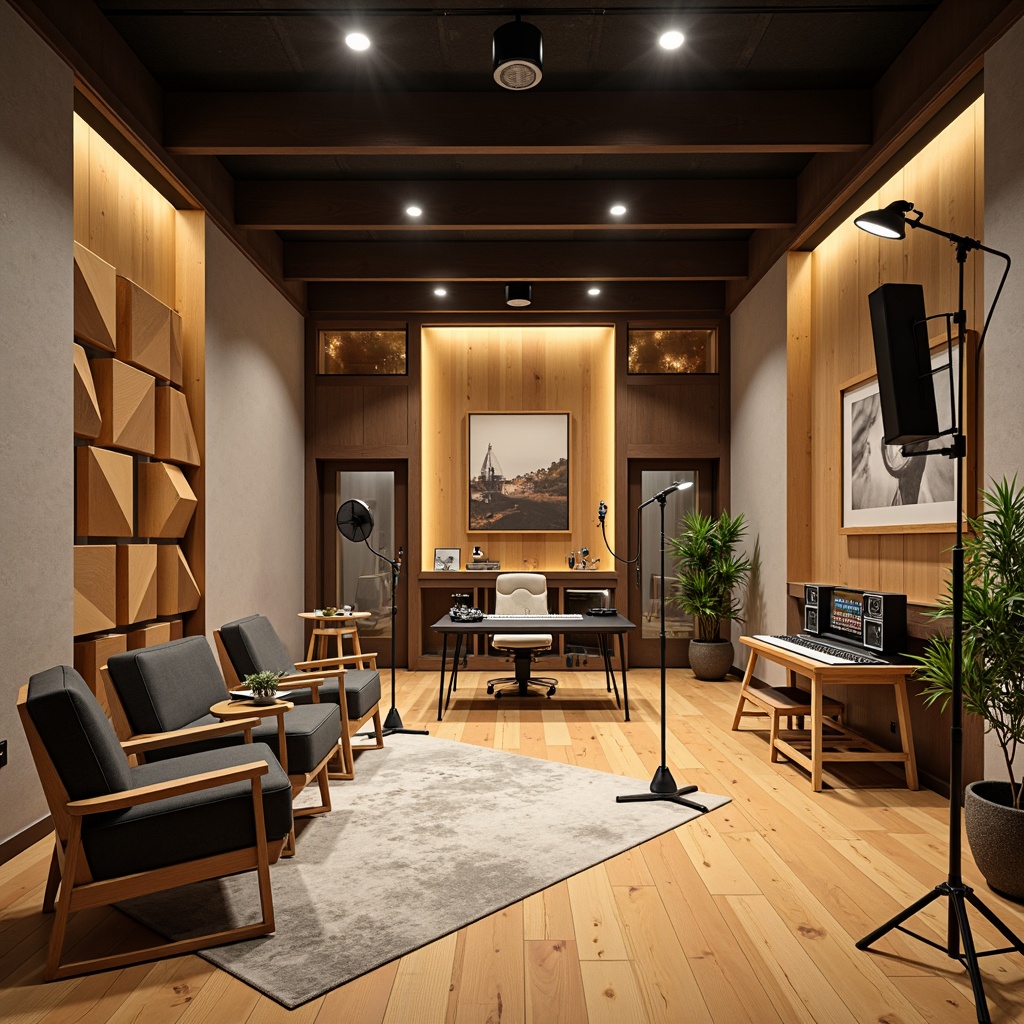 Prompt: Modern recording studio, soundproofed walls, acoustic panels, pyramid-shaped diffusers, wooden flooring, minimalist decor, professional audio equipment, microphone stands, soundboards, comfortable seating areas, natural light exposure, calm atmosphere, warm color scheme, 1/1 composition, shallow depth of field, softbox lighting, realistic textures, ambient occlusion.