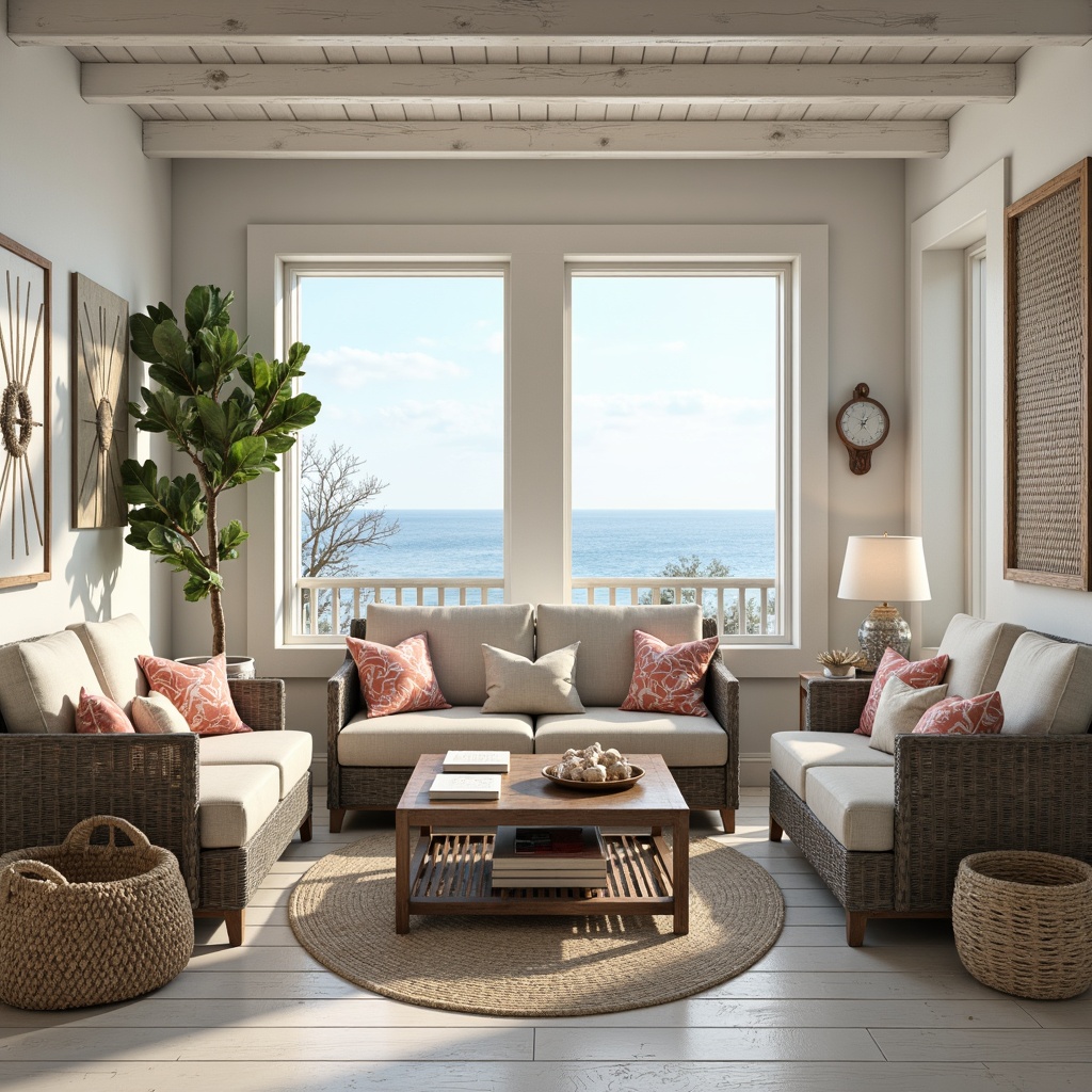 Prompt: Driftwood grey furniture, natural linen upholstery, coral patterned throw pillows, reclaimed wood accents, nautical rope details, whitewashed wooden floors, beachy vibe, ocean-inspired color palette, calming ambiance, soft warm lighting, 1/1 composition, intimate seating areas, plush area rugs, woven sea grass baskets, shell-adorned decorative accessories, refreshing ocean breeze, sunny day, coastal scenery, serene atmosphere.