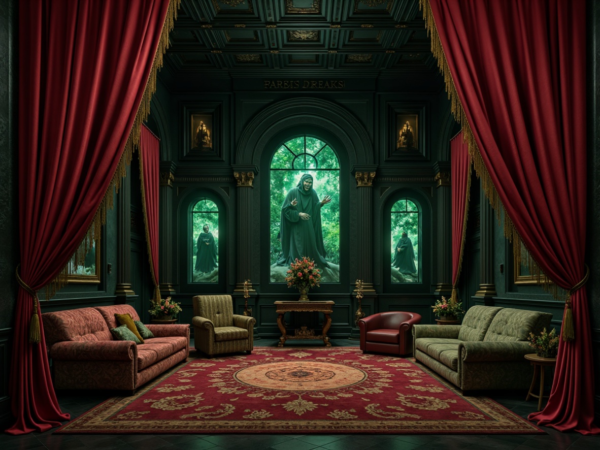 Prompt: Dark mysterious ambiance, Gothic arches, rich velvet fabrics, luxurious silk textures, mysterious crimson hues, eerie emerald greens, ornate golden patterns, heavy drapery, tassel accents, mystical symbolic embroidery, dimly lit atmosphere, dramatic floor-to-ceiling curtains, lavish furnishings, Baroque-inspired designs, mysterious crypt-like settings, somber mood lighting, subtle misty effects.