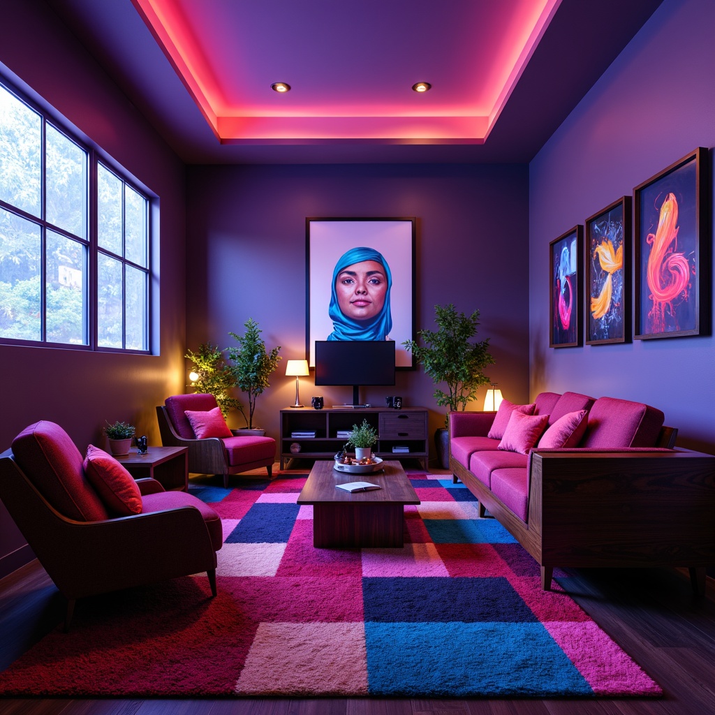 Prompt: Vibrant game room, bold color accents, neon lights, futuristic console designs, sleek metallic finishes, rich wood tones, comfy couches, colorful throw pillows, geometric patterned rugs, modern abstract artwork, dimmable overhead lighting, cozy atmosphere, warm glow, shallow depth of field, 1/1 composition, realistic textures, ambient occlusion.