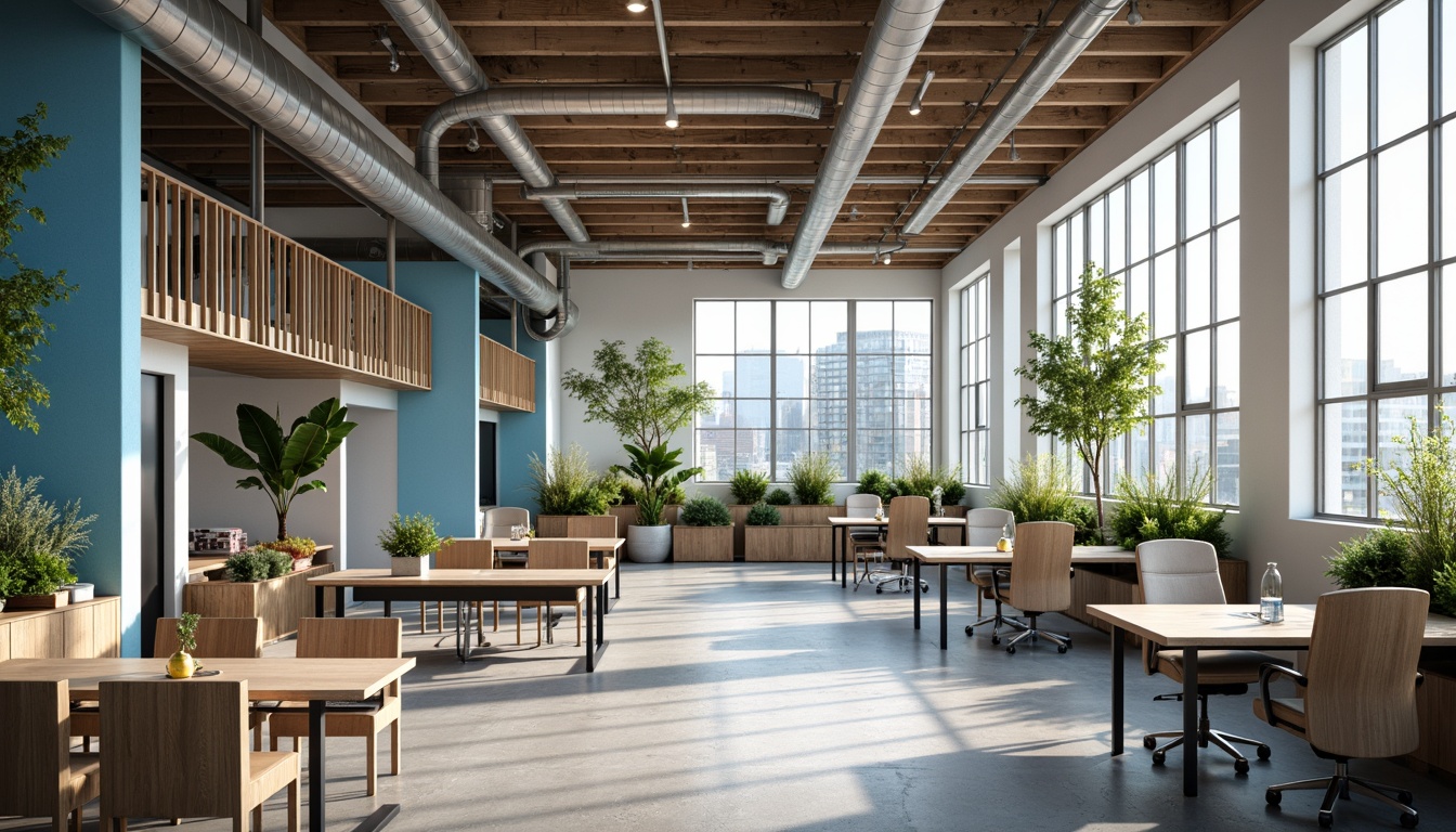 Prompt: Modern office interior, sleek desks, ergonomic chairs, collaborative workspaces, natural wood accents, calming blue tones, crisp white walls, vibrant greenery, floor-to-ceiling windows, abundant sunlight, soft warm lighting, minimalist decor, geometric patterns, industrial chic, exposed ductwork, polished concrete floors, urban loft atmosphere.