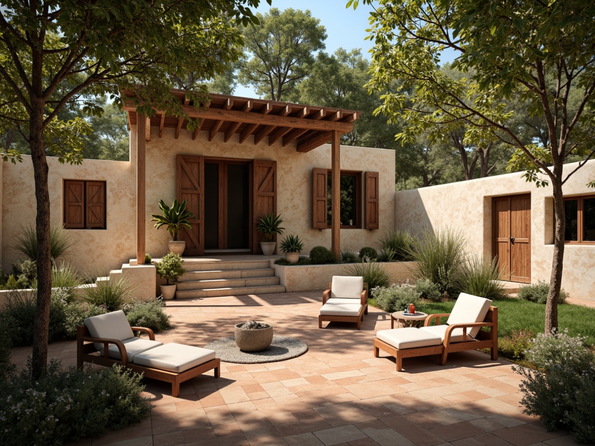 Prompt: Rustic farmhouse, Mediterranean-inspired architecture, natural stone walls, reclaimed wood accents, terra cotta tiles, earthy color palette, lush greenery, olive trees, vine-covered pergolas, wooden shutters, wrought iron decor, warm sunlight, soft warm lighting, shallow depth of field, 3/4 composition, realistic textures, ambient occlusion.