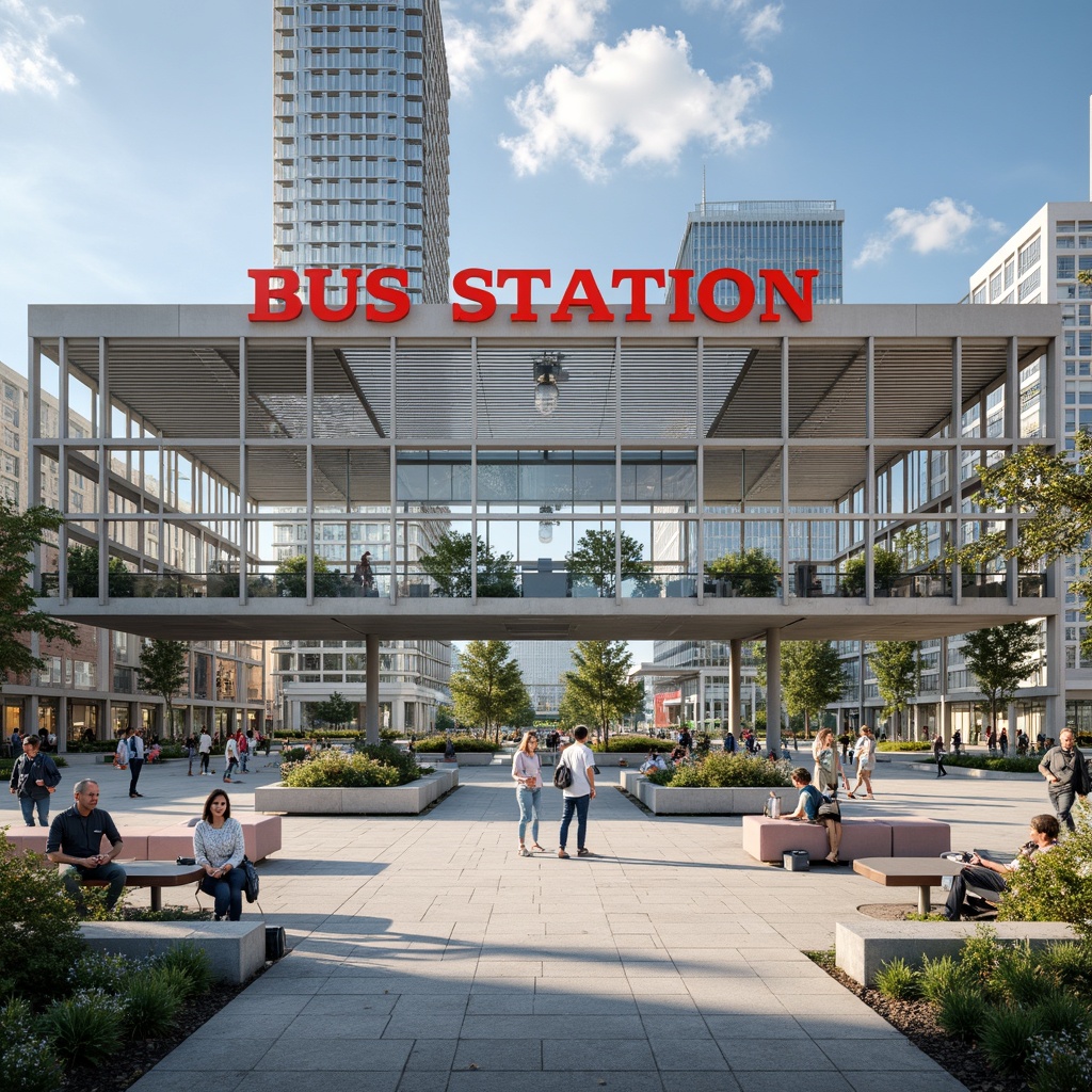 Prompt: Functional bus station, rectangular form, flat roof, large windows, steel frames, industrial materials, bold typography, primary color scheme, geometric shapes, minimalist design, open floor plan, efficient circulation, natural lighting, urban context, cityscape background, modern architecture, clean lines, functional furniture, waiting areas, ticketing counters, information displays, pedestrian access, bicycle parking, green roofs, sustainable design, abundant natural light, high ceiling, 3/4 composition, realistic textures, ambient occlusion.