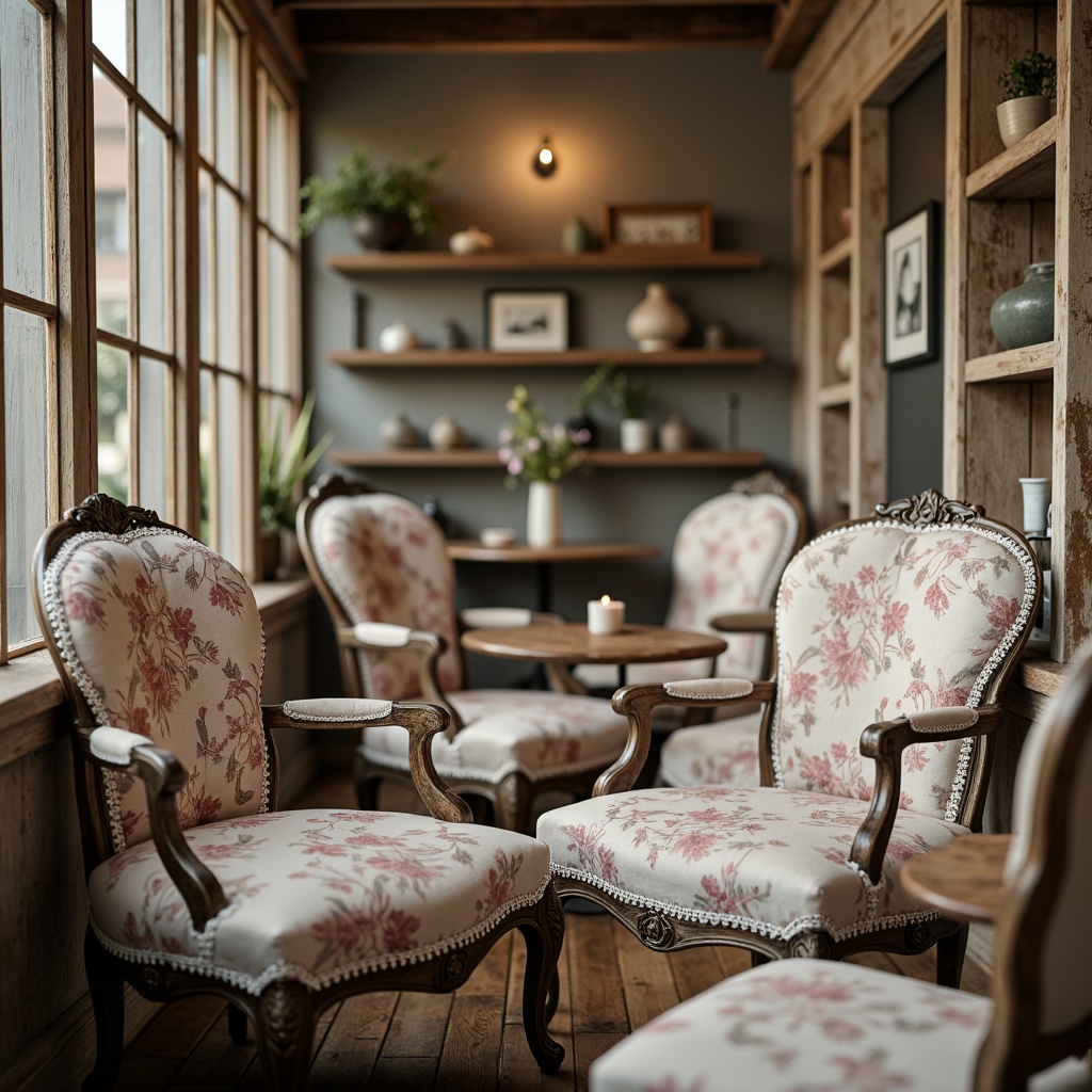 Prompt: Distressed wooden frames, soft pastel hues, vintage fabric upholstery, ornate metal accents, floral patterns, lace trimmings, rustic wooden tables, distressed finishes, elegant curves, comfortable cushions, antique hardware, natural linen fabrics, weathered wood tones, warm candlelight, cozy atmosphere, shallow depth of field, 1/1 composition, soft focus, romantic ambiance.