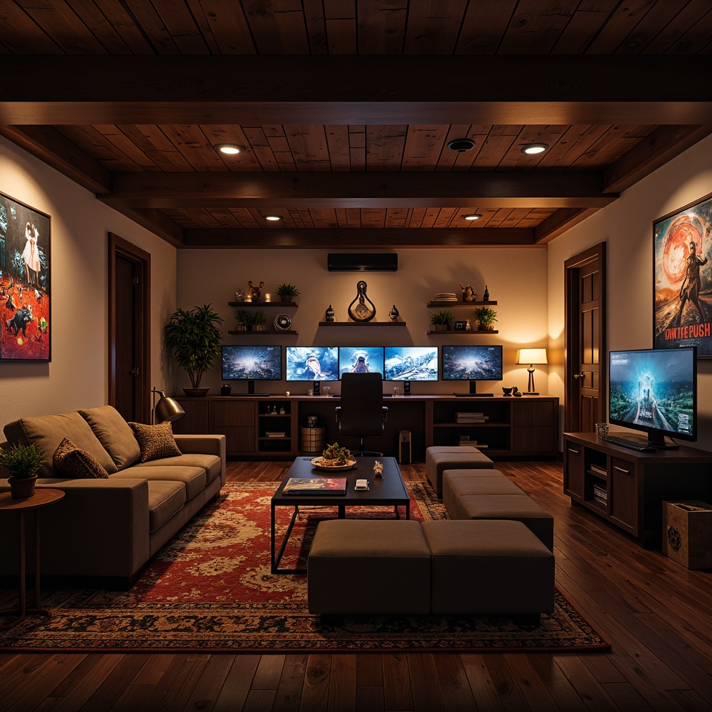 Prompt: Cozy game room, dark wood accents, soft ambient lighting, plush carpeting, comfortable seating, oversized sofas, chunky coffee tables, vibrant gaming posters, futuristic gaming stations, sleek LED lighting, modern minimalist shelves, metallic decorative frames, warm beige walls, rustic wooden flooring, relaxed atmosphere, shallow depth of field, 2/3 composition, panoramic view, realistic textures, ambient occlusion.