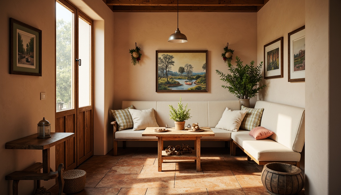 Prompt: Cozy breakfast nook, warm beige walls, soft golden lighting, rich wood tones, plush cushions, natural stone countertops, earthy terracotta floors, vintage metal accents, rustic wooden tables, distressed finishes, warm apricot hues, creamy whites, soothing blues, calm atmosphere, inviting textures, shallow depth of field, 1/2 composition, realistic rendering.