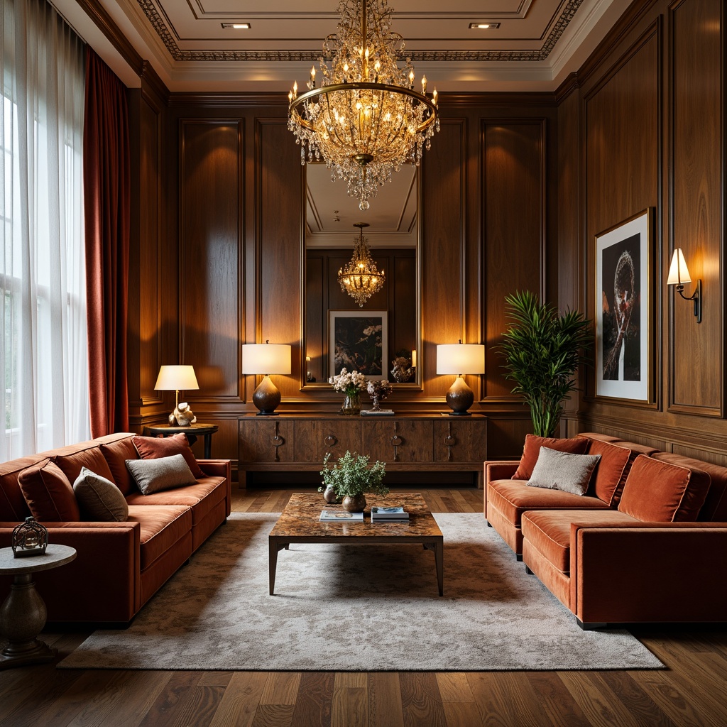 Prompt: Luxurious living room, velvet sofas, golden chandeliers, marble coffee tables, ornate mirrors, rich wood paneling, elegant curtains, statement artwork, modern abstract sculptures, plush area rugs, ambient floor lamps, warm cozy lighting, shallow depth of field, 1/1 composition, realistic textures, soft focus background.