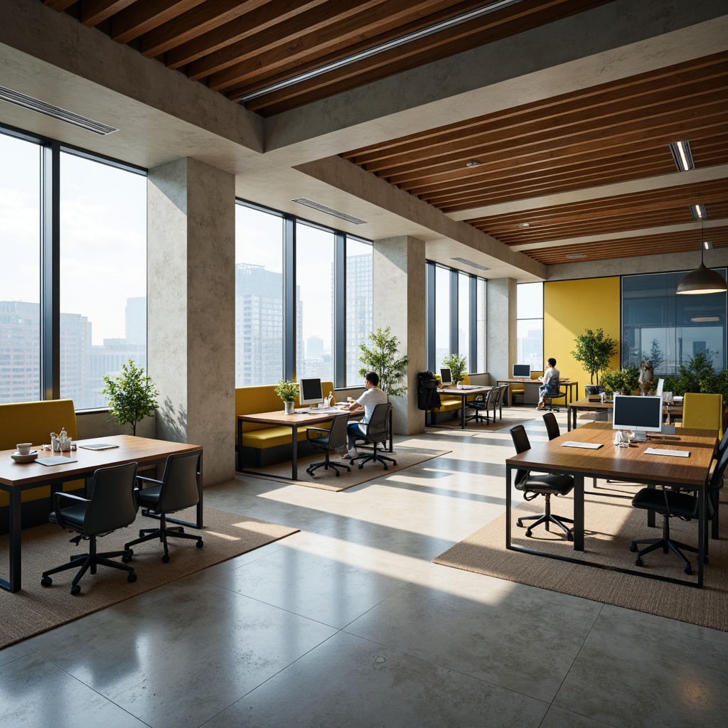 Prompt: Modern office space, sleek wooden desks, ergonomic chairs, collaborative workstations, minimalist decor, calming blue tones, energizing yellow accents, neutral beige backgrounds, rich brown wood textures, natural light pouring in, floor-to-ceiling windows, urban cityscape views, soft warm lighting, shallow depth of field, 3/4 composition, realistic renderings.