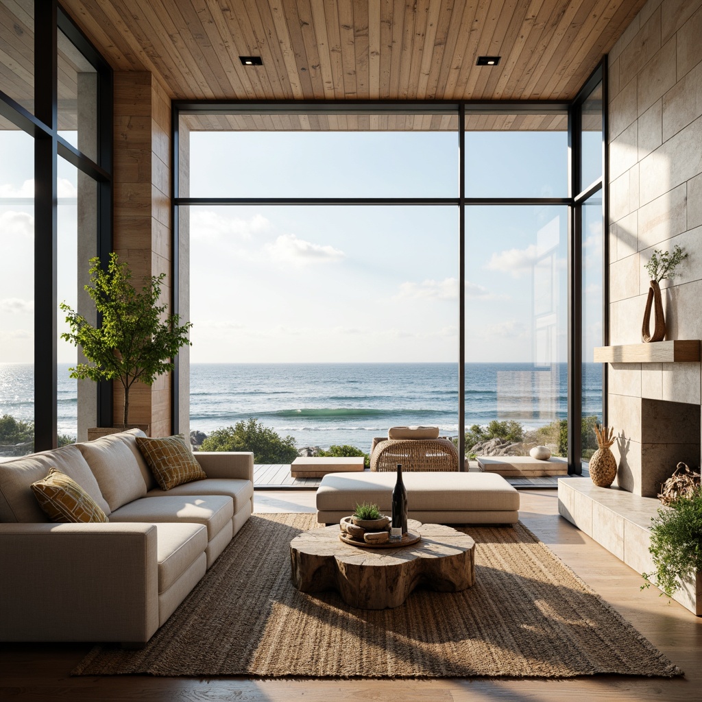 Prompt: \Coastal living room, ocean views, floor-to-ceiling windows, natural wood accents, driftwood decor, woven textiles, sea-inspired color palette, calming atmosphere, comfortable furniture, plush area rugs, modern minimalist design, abundant natural light, soft warm glow, shallow depth of field, 1/2 composition, relaxed vignette, subtle wave patterns, ocean breeze sounds, serene ambiance.\