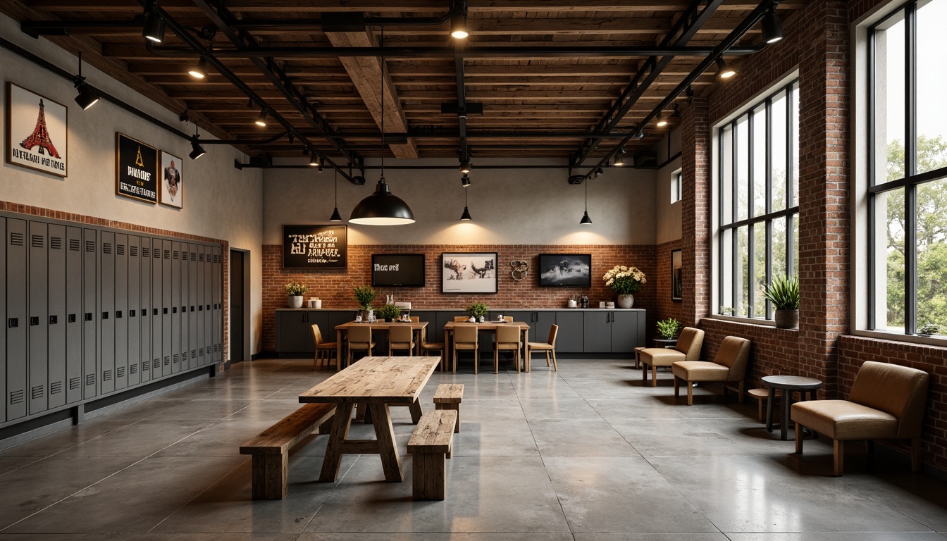 Prompt: Rustic wooden benches, vintage metal lockers, distressed leather upholstered chairs, industrial-style lighting fixtures, exposed brick walls, polished concrete floors, athletic equipment displays, motivational quotes on walls, natural wood accents, earthy color palette, soft warm lighting, shallow depth of field, 3/4 composition, panoramic view, realistic textures, ambient occlusion.