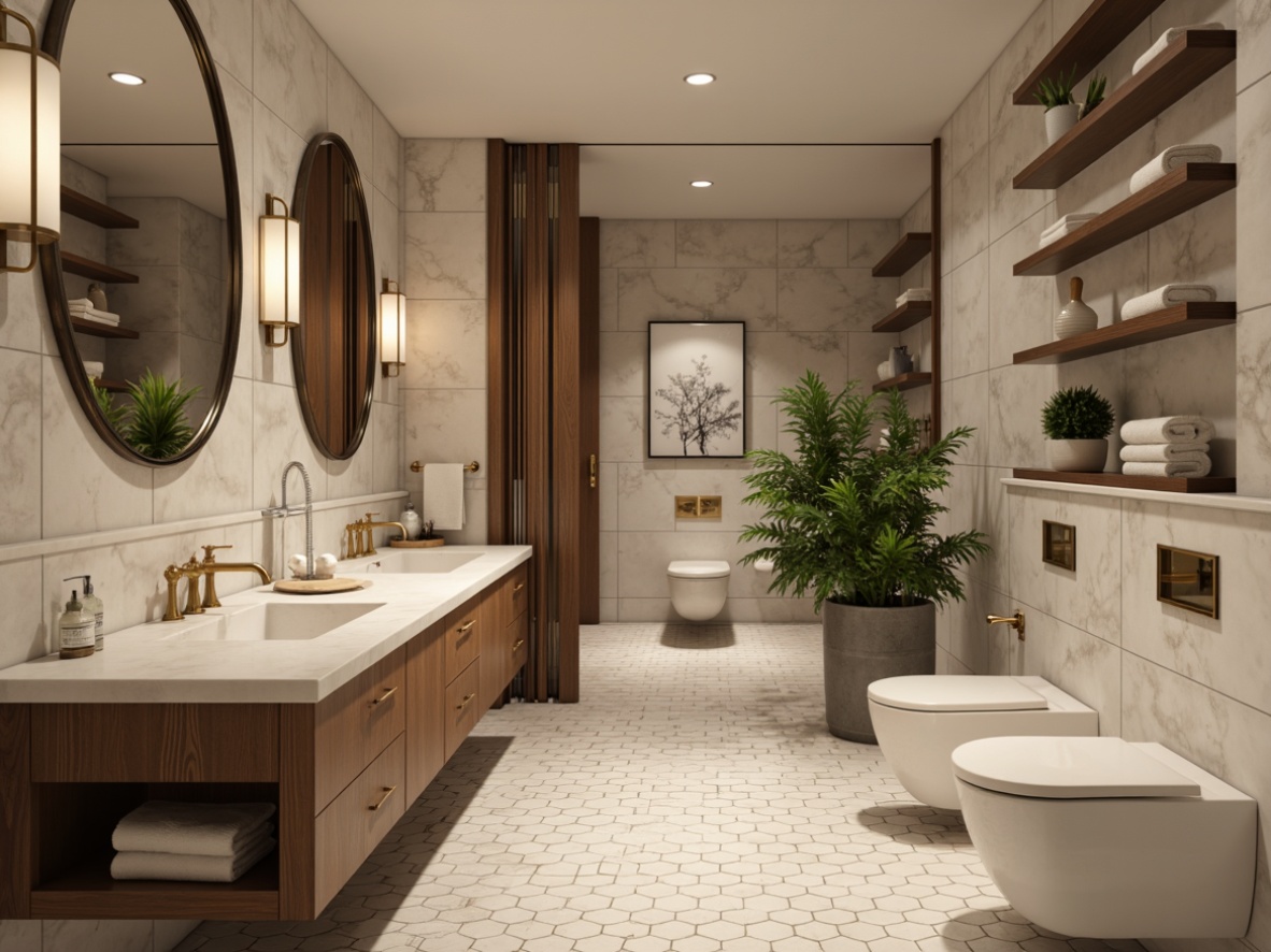 Prompt: Academic bathroom, marble walls, hexagonal tile floors, modern pedestal sinks, wall-mounted toilets, wooden cabinetry, subtle lighting fixtures, soft warm ambiance, gentle water effects, porcelain tile accents, ornate mirrors, elegant shelving units, sophisticated faucets, high-gloss finishes, minimalist decor, neutral color palette, 1/1 composition, shallow depth of field, realistic textures.