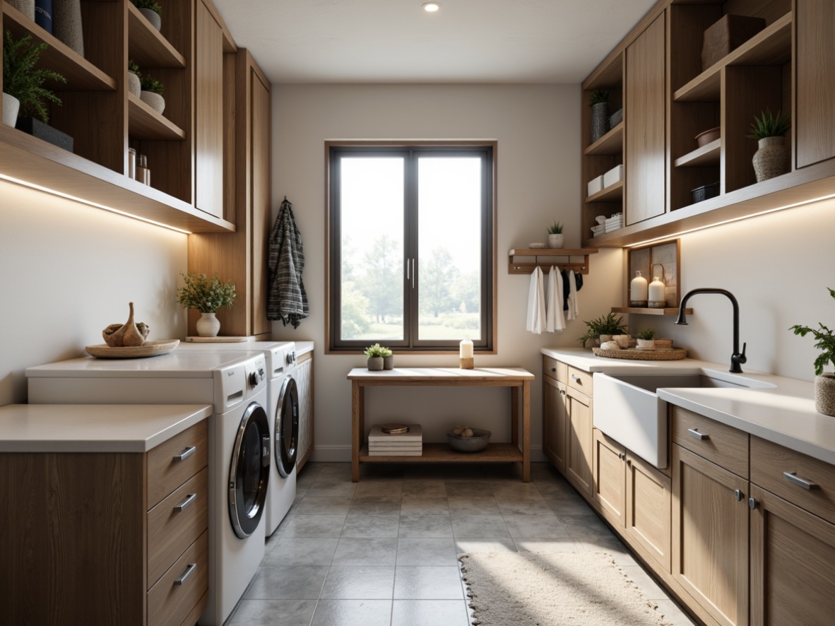 Prompt: Modern laundry room, sleek cabinets, stainless steel appliances, white quartz countertops, large sink, folding table, ironing board, storage shelves, hanging rods, natural stone floors, soft warm lighting, 3/4 composition, shallow depth of field, realistic textures.