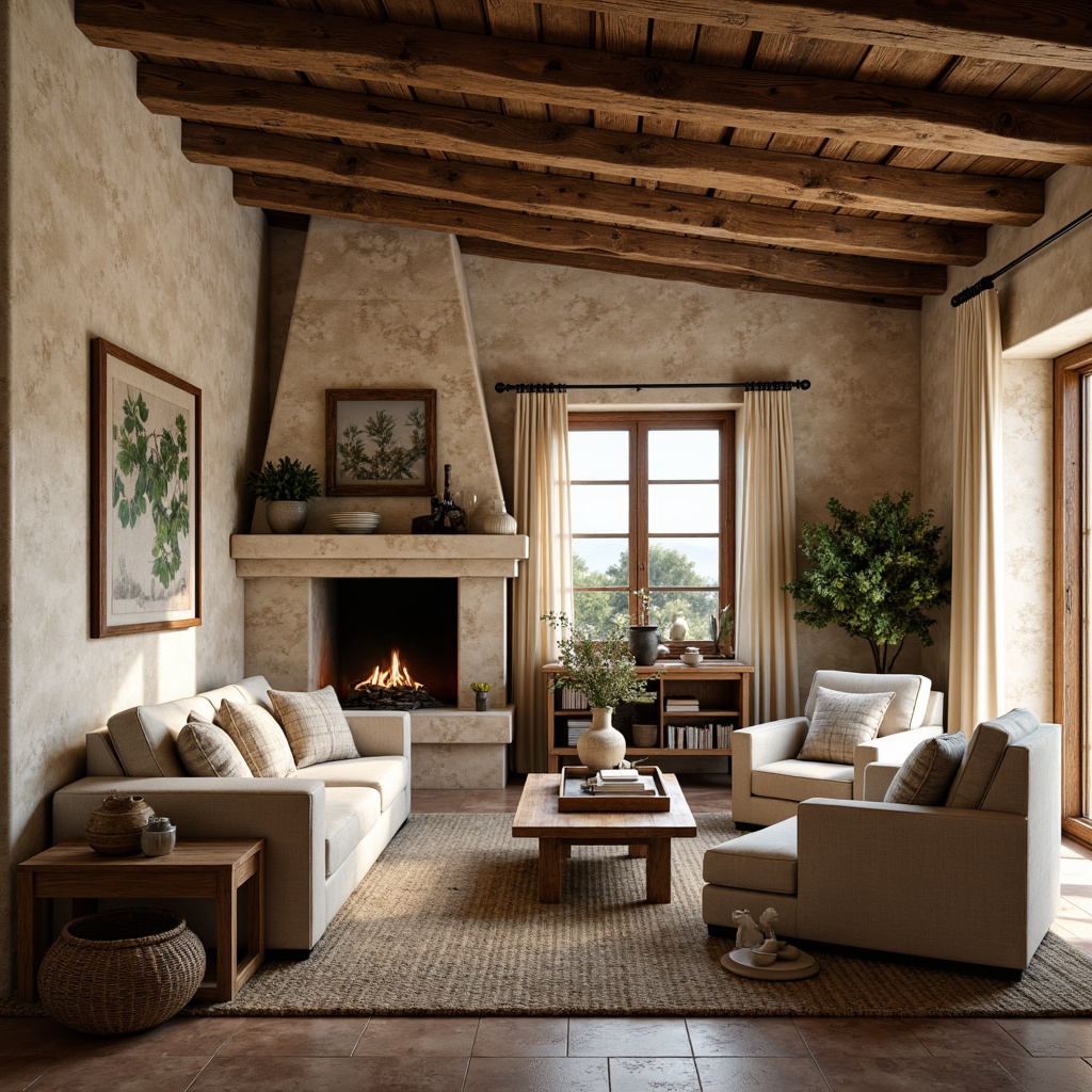 Prompt: Cozy farmhouse villa, natural stone walls, wooden beams, rustic charm, plush throw blankets, woven baskets, earthy color palette, linen upholstery, distressed wood furniture, vintage decor accents, soft warm lighting, 1/1 composition, intimate atmosphere, realistic textures, ambient occlusion.