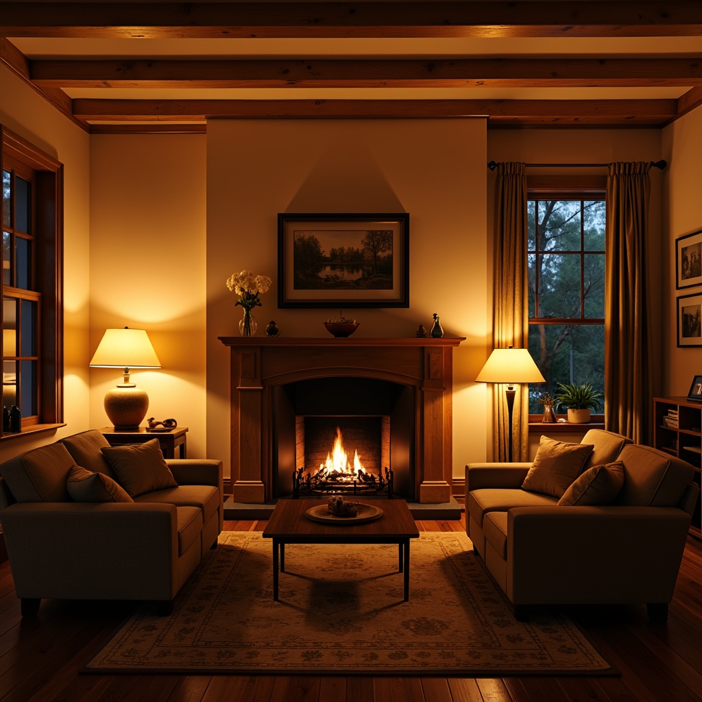 Prompt: Warm living room, soft glowing lamps, comfortable seating area, wooden furniture, plush carpets, earthy color palette, table lamps, floor lamps, warm beige walls, cozy throw blankets, crackling fireplace, realistic flames, soft warm lighting, shallow depth of field, 1/1 composition, intimate atmosphere, relaxing ambiance.