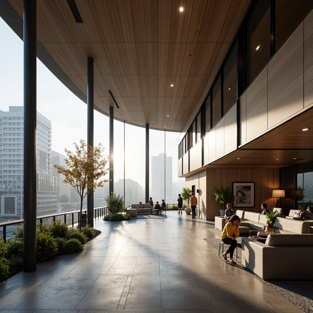 Prompt: Sleek modern architecture, curved lines, monochromatic color scheme, rich wood accents, polished metal surfaces, minimalist decor, floor-to-ceiling windows, natural light, airy atmosphere, urban cityscape, morning mist, soft warm lighting, shallow depth of field, 3/4 composition, panoramic view, realistic textures, ambient occlusion.