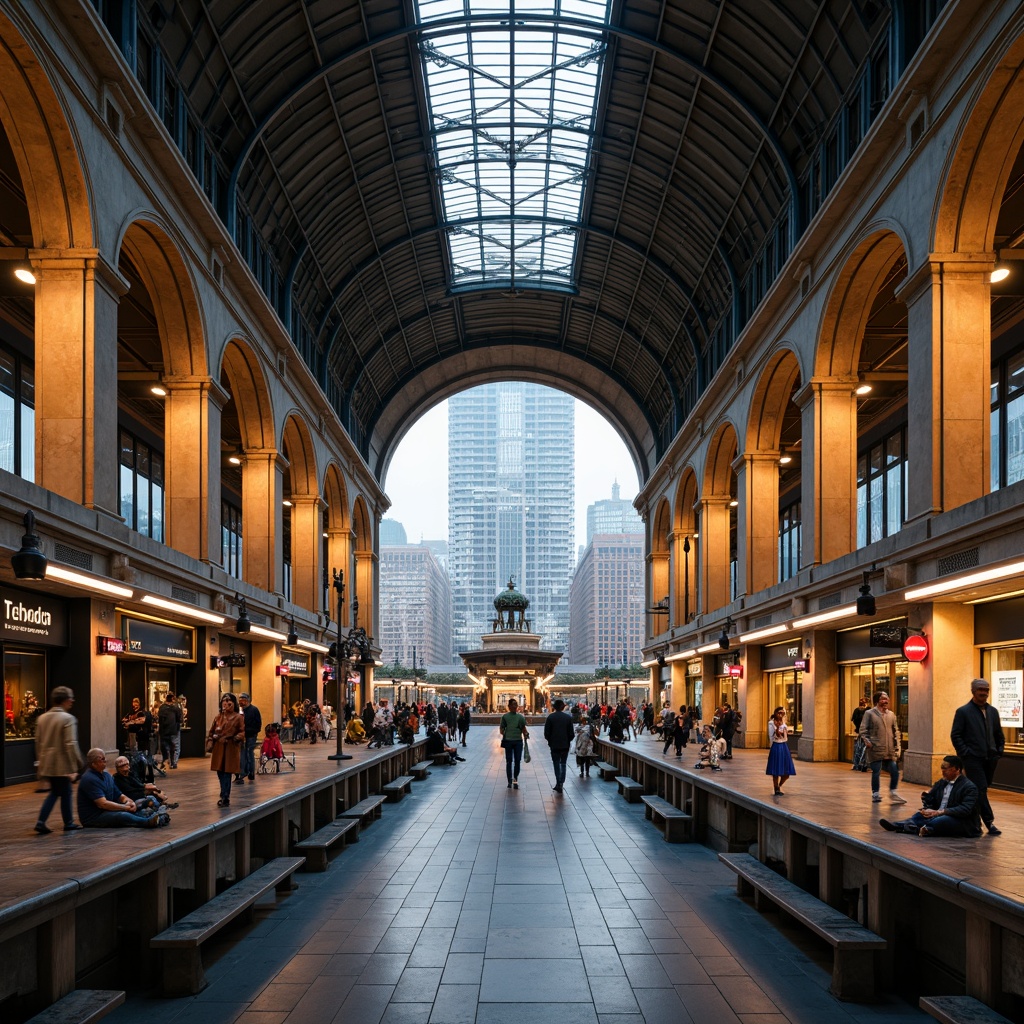 Prompt: Elegant train station, grandiose architecture, high ceilings, ornate chandeliers, modern pendant lights, sleek metal fixtures, futuristic LED strips, dynamic color changing effects, ambient warm glow, industrial metal beams, urban cityscape, bustling crowd, rush hour atmosphere, soft natural light, large glass windows, minimalistic design, functional simplicity, safety-focused emergency lighting, energy-efficient solutions.