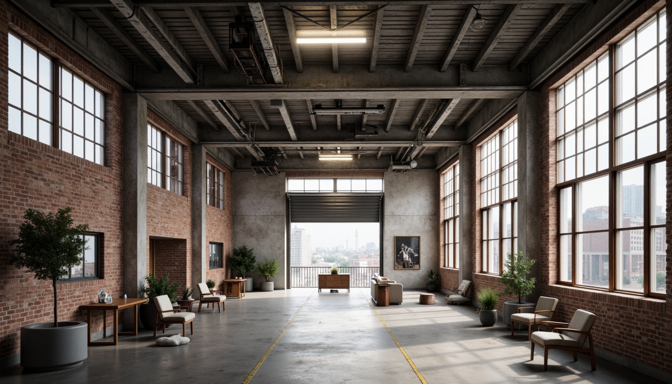 Prompt: Neutral-toned factory interior, industrial aesthetic, exposed brick walls, metal beams, polished concrete floors, minimalist decor, functional lighting, overhead cranes, mechanical equipment, urban landscape views, cloudy day, soft natural light, shallow depth of field, 1/1 composition, realistic textures, ambient occlusion.