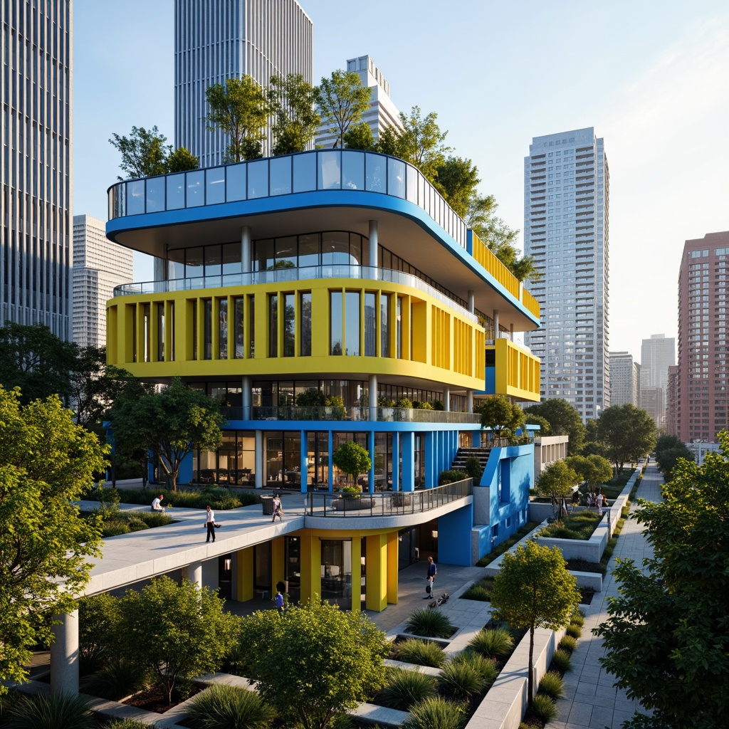 Prompt: Vibrant modern architecture, bold color accents, sleek glass facades, minimalist concrete structures, geometric patterned walls, bright yellow highlights, deep blue undertones, rich greenery, lush rooftop gardens, urban cityscape, sunny afternoon, soft warm lighting, shallow depth of field, 1/1 composition, realistic textures, ambient occlusion.