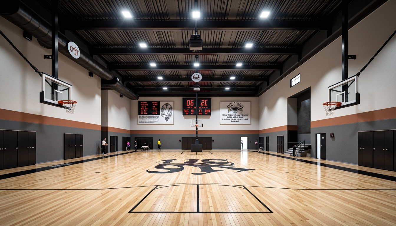 Prompt: Modern gymnasium interior, high ceilings, polished wood floors, athletic equipment, basketball hoops, scoreboards, motivational quotes, bright LED lighting, suspended fixtures, indirect illumination, ambient shadows, 1/2 composition, warm color temperature, softbox lights, realistic textures, subtle gradients.