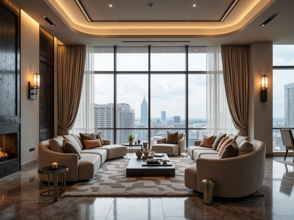 Prompt: Luxurious living room, curved sofas, sleek coffee tables, rounded edges, minimalist decor, smooth marble floors, polished chrome accents, floor-to-ceiling windows, panoramic city views, warm ambient lighting, soft pastel colors, velvet upholstery, geometric patterned rugs, elegant wall sconces, flowing drapery, 1/2 composition, shallow depth of field, cinematic atmosphere.