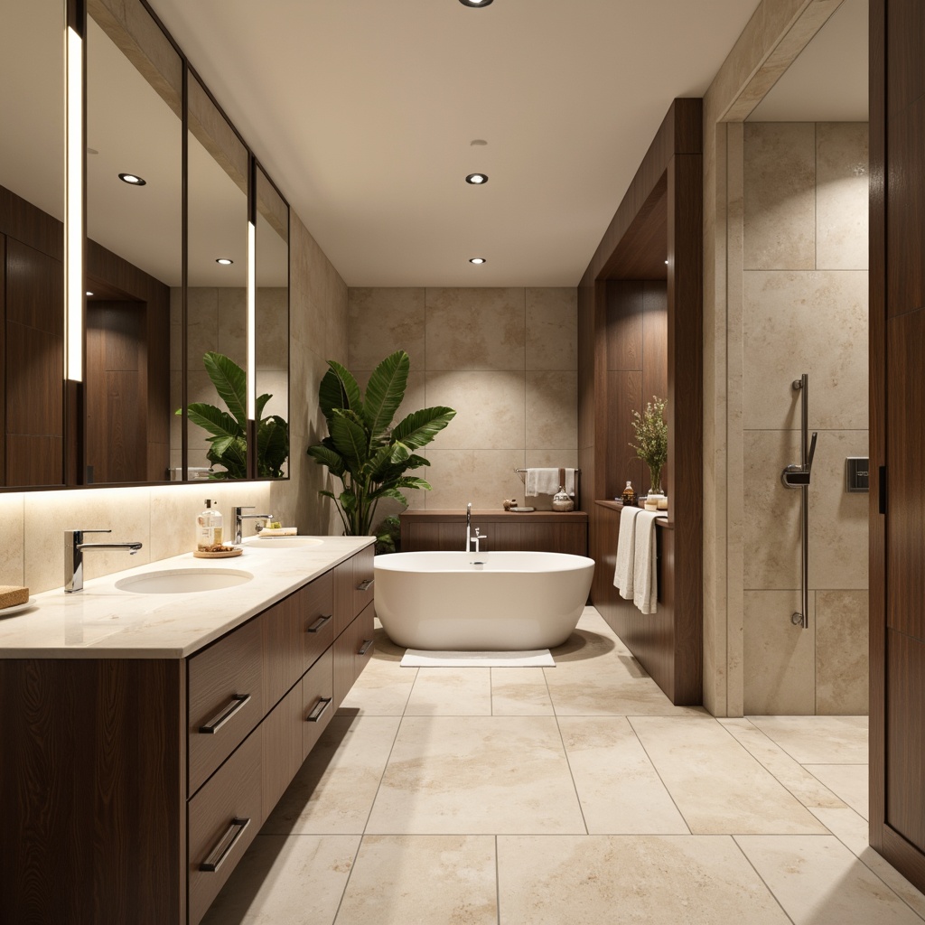 Prompt: Luxurious bathroom, marble countertops, sleek chrome fixtures, wall-mounted sink, LED mirrors, rainfall showerhead, freestanding tub, wooden cabinetry, polished nickel hardware, ambient lighting, warm beige tones, spa-like atmosphere, greenery accents, natural stone flooring, large format tiles, high-gloss finish, modern minimalist design, soft close drawers, hidden storage, floor-to-ceiling windows, urban loft-inspired aesthetic, industrial chic elements.