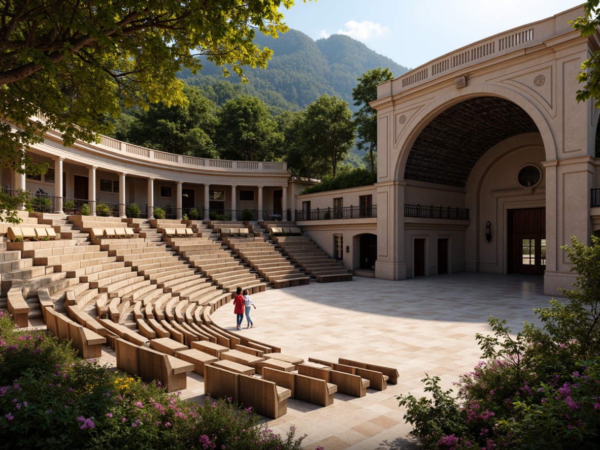 Prompt: Undulating amphitheater seating, sweeping curved lines, grand-scale architecture, majestic stage design, ornate metal railings, polished stone floors, lush greenery surroundings, vibrant blooming flowers, soft warm lighting, shallow depth of field, 1/1 composition, panoramic view, realistic textures, ambient occlusion, tranquil atmosphere, serene natural ambiance.