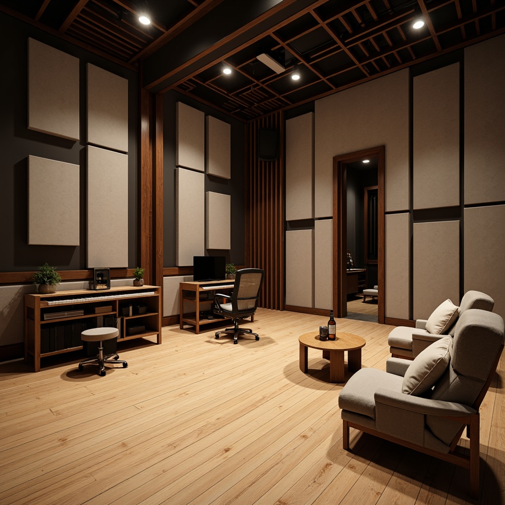 Prompt: Modern recording studio, soundproofed walls, acoustic panels, diffused reflections, reduced echo, optimized sound control, professional audio equipment, wooden flooring, minimalist decor, soft warm lighting, shallow depth of field, 3/4 composition, realistic textures, ambient occlusion.