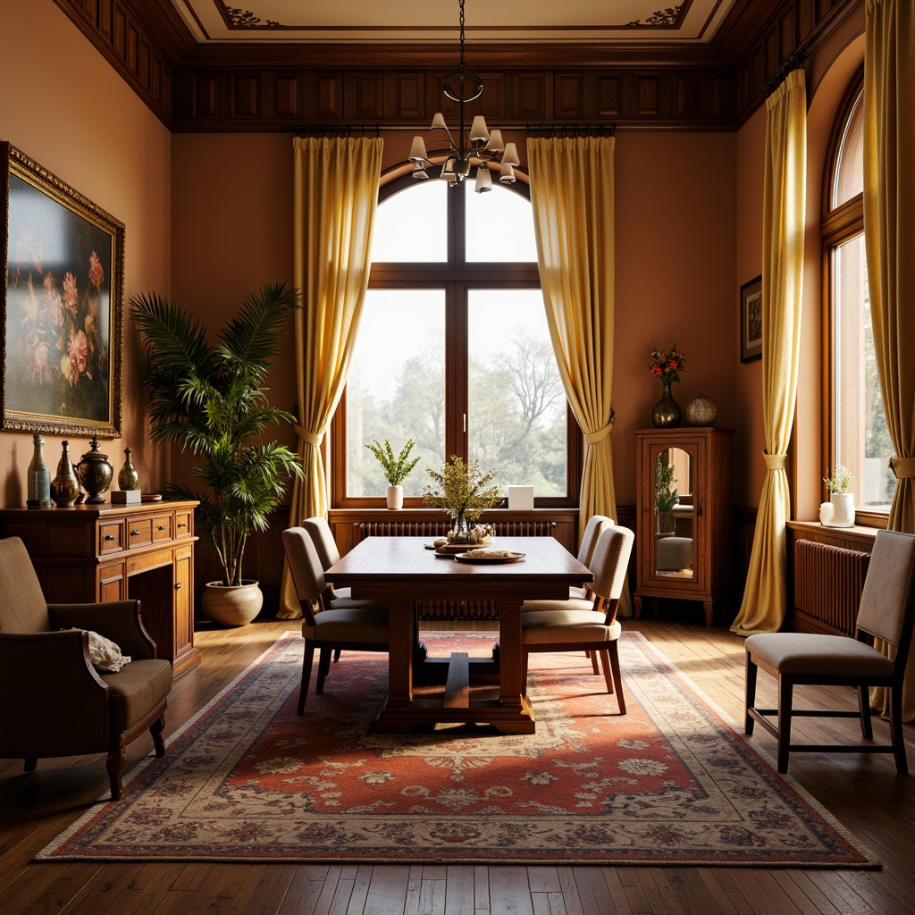 Prompt: Cozy dining room, warm earth tones, rich wood furniture, soft golden lighting, plush area rugs, elegant drapery, vintage decorative accents, classic rectangular table, comfortable cushioned chairs, harmonious color balance, soothing atmosphere, subtle texture contrasts, 1/1 composition, realistic renderings, ambient occlusion.