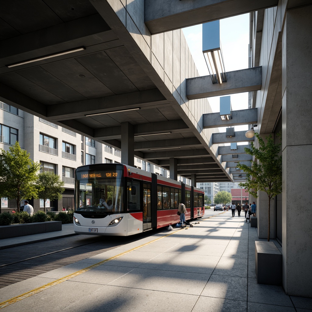 Prompt: Geometric bus station, industrial materials, raw concrete walls, steel beams, minimalist lighting fixtures, rectangular prisms, functional design, urban landscape, morning commute, soft diffused light, high contrast shadows, dramatic spotlights, 1-point perspective, strong lines, bold typography, primary color scheme, functional signage, urban furniture, pedestrian pathways, public art installations, modernist architecture, functionalism emphasis.