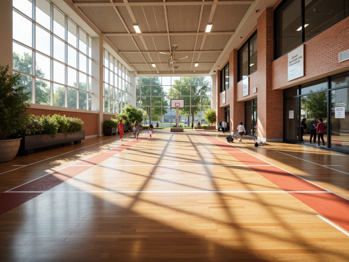 Prompt: Polished wooden flooring, athletic track lines, sports equipment, basketball hoops, scoreboards, educational signs, motivational quotes, natural stone accents, brick walls, modern academic architecture, large windows, glass doors, blooming plants, sunny day, soft warm lighting, shallow depth of field, 3/4 composition, panoramic view, realistic textures, ambient occlusion, dynamic shadows, vibrant color scheme, geometric patterns.