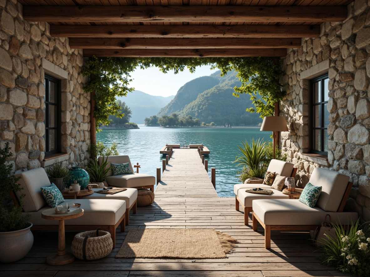 Prompt: Rustic wooden dock, serene lake views, natural stone walls, weathered wood accents, nautical rope details, soft warm lighting, cozy plush furnishings, calming blue hues, earthy brown tones, creamy white shades, rich turquoise accents, vintage marine instruments, distressed wood finishes, woven textiles, organic patterns, shallow depth of field, 1/2 composition, soft focus effect.