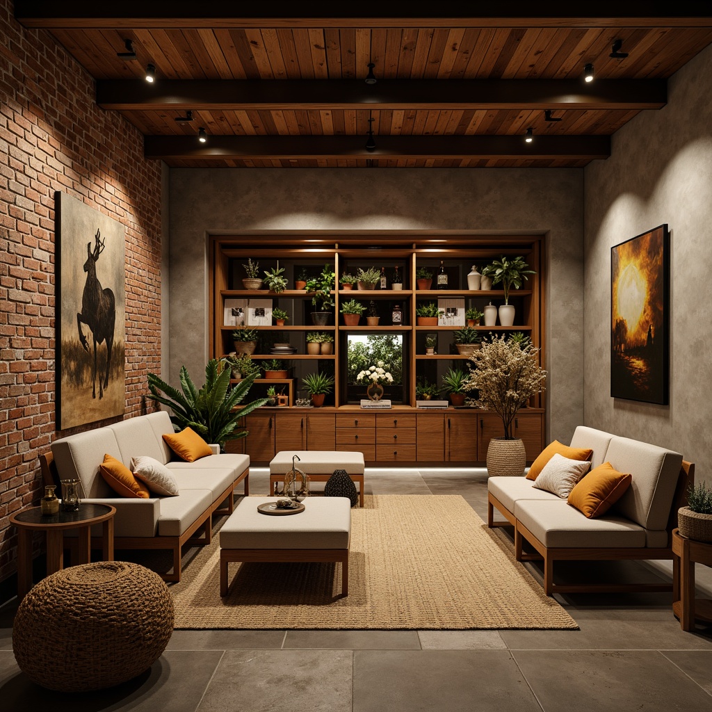 Prompt: Cozy basement, warm earthy tones, rich wood accents, soft creamy whites, deep blues, industrial metal beams, exposed brick walls, modern minimalist decor, intimate ambient lighting, dramatic shadows, warm golden hues, inviting textures, natural stone floors, comfortable furnishings, relaxing atmosphere, calming color scheme, subtle contrasts, 1/1 composition, realistic rendering.