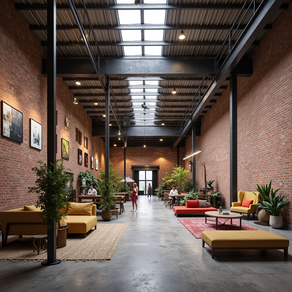 Prompt: Industrial warehouse atmosphere, exposed brick walls, metal beams, polished concrete floors, modern minimalist decor, reclaimed wood accents, Edison bulb lighting, urban loft ambiance, open concept layout, functional workstations, collaborative spaces, eclectic furniture, vibrant color pops, natural textiles, abstract artwork, industrial-chic accessories, airy high ceilings, large skylights, soft diffused lighting, shallow depth of field, 2/3 composition, realistic textures, ambient occlusion.