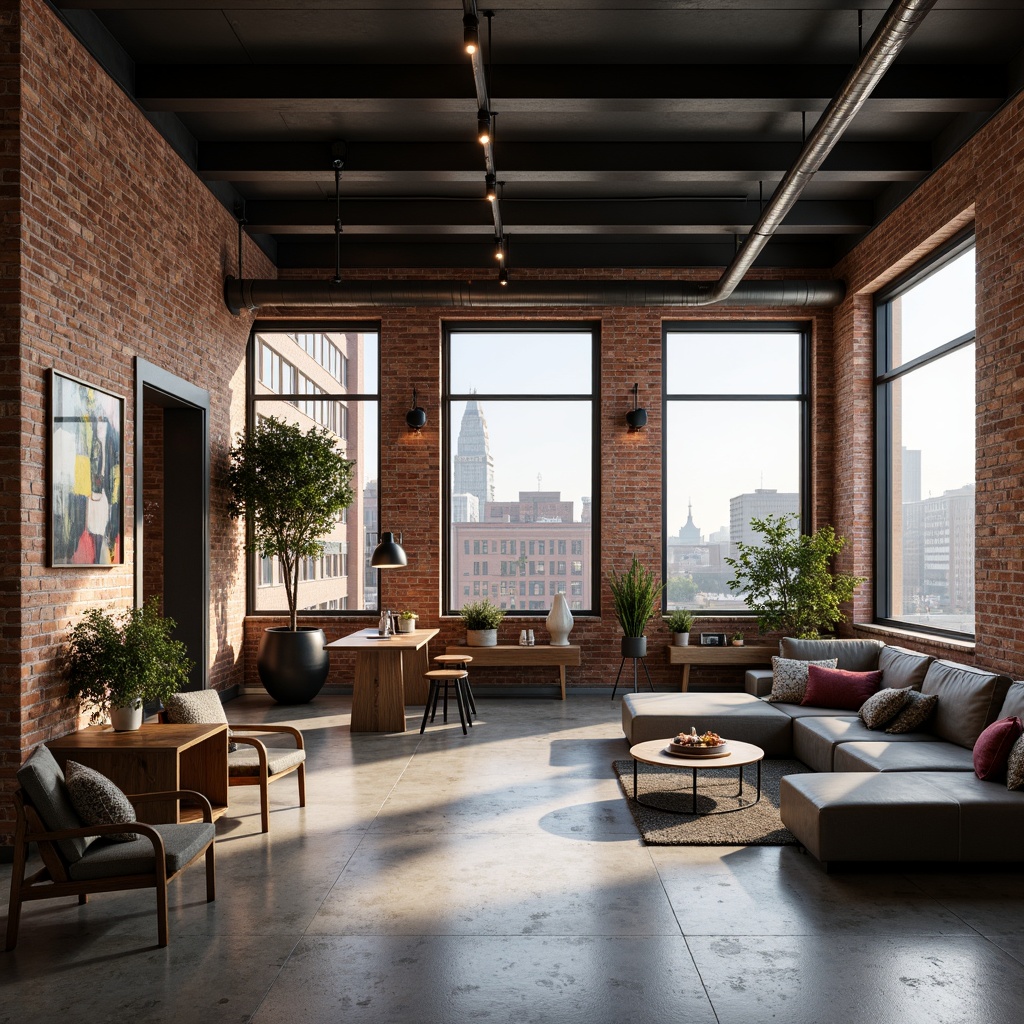 Prompt: Exposed brick walls, industrial metal beams, polished concrete floors, modern minimalist furniture, sleek low-profile lighting fixtures, warm cozy ambiance, soft diffused light, floor-to-ceiling windows, natural daylight, urban cityscape views, eclectic decorative accents, reclaimed wood textures, Edison bulb pendants, matte black metal shades, LED strip lights, ambient warm glow, shallow depth of field, 1/2 composition, realistic materials, subtle color grading.